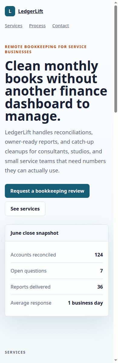 Mobile screenshot of the improved LedgerLift landing page showing stacked navigation, responsive hero content, and readable service cards.