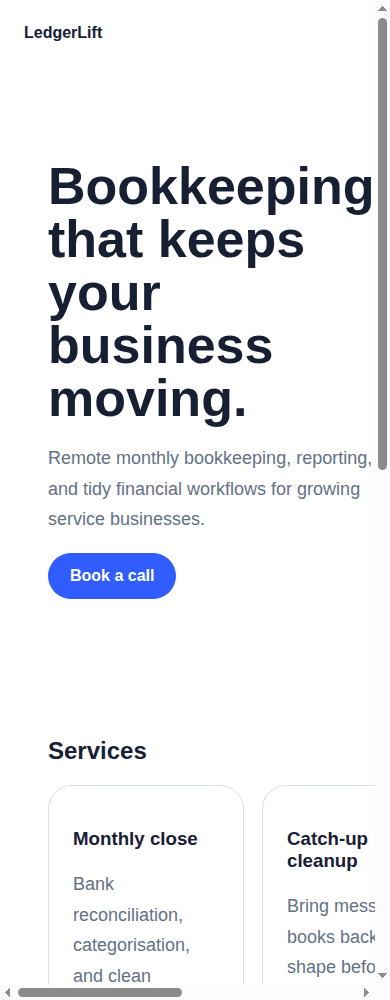 Mobile screenshot of the initial generated landing page showing a desktop-width layout squeezed into a narrow viewport.